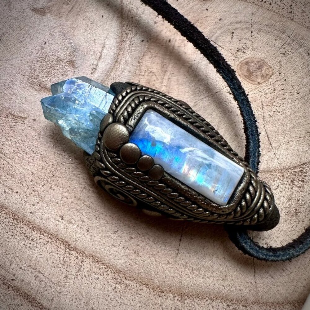 New Etsy Fairy Garden Glow Flashy Moonstone Aqua Aura Quartz Necklace Suede Cord